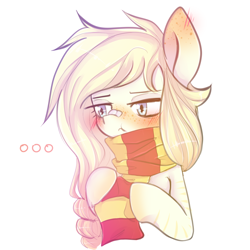 Size: 1200x1200 | Tagged: safe, artist:synisthetica, imported from derpibooru, oc, oc only, pony, ..., bandaid, blushing, clothes, female, freckles, mare, scarf, scrunchy face, simple background, solo, striped scarf, white background