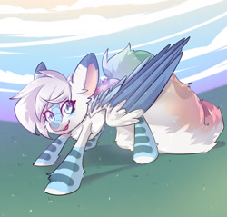 Size: 1600x1529 | Tagged: safe, artist:synisthetica, imported from derpibooru, oc, oc only, oc:michini, pegasus, pony, art trade, cloud, female, grass, looking at you, mare, outdoors, sky, solo