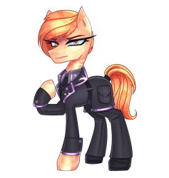 Size: 2880x3040 | Tagged: safe, artist:opal_radiance, imported from derpibooru, oc, oc only, oc:volatility smile, earth pony, pony, athlete, black, clothes, commission, gray, purple, short hair, simple background, solo, space horse rpg, suit, transparent background