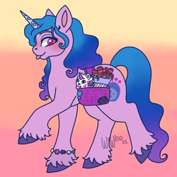 Size: 1280x1280 | Tagged: safe, artist:wowlooz, imported from derpibooru, izzy moonbow, pony, unicorn, :p, bag, blushing, g5, saddle bag, solo, tongue out