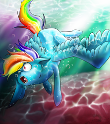 Size: 2309x2598 | Tagged: safe, artist:marrow-pony, imported from derpibooru, rainbow dash, pegasus, pony, bubble, commission, crepuscular rays, digital art, feather, female, mare, ocean, open mouth, pink eyes, solo, spread wings, struggling, sunlight, swimming, teeth, underwater, water, wings