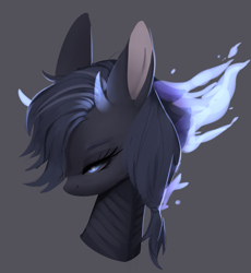 Size: 1256x1366 | Tagged: safe, artist:dammmnation, imported from derpibooru, oc, oc only, pony, bedroom eyes, bust, eyelashes, female, gray background, horns, mare, simple background, solo