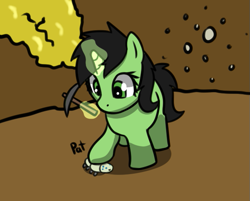 Size: 605x486 | Tagged: safe, artist:neuro, imported from derpibooru, oc, oc only, oc:filly anon, insect, pony, unicorn, deep rock galactic, female, filly, foal, levitation, magic, pickaxe, solo, telekinesis