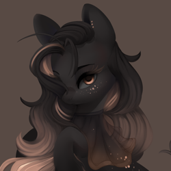 Size: 1500x1500 | Tagged: safe, artist:dammmnation, imported from derpibooru, oc, oc only, earth pony, pony, brown background, bust, clothes, ear piercing, earth pony oc, female, freckles, mare, piercing, simple background, solo