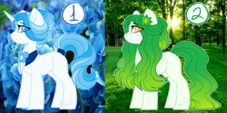 Size: 1024x512 | Tagged: safe, artist:purplegrim40, imported from derpibooru, oc, oc only, earth pony, pony, unicorn, base used, deviantart watermark, duo, earth pony oc, female, horn, mare, obtrusive watermark, outdoors, smiling, unicorn oc, watermark