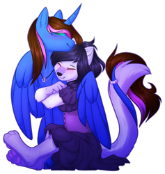 Size: 2137x2250 | Tagged: safe, artist:purplegrim40, imported from derpibooru, oc, oc only, alicorn, anthro, digitigrade anthro, pony, wolf, alicorn oc, anthro with ponies, duo, furry, horn, hug, jewelry, necklace, oc x oc, shipping, simple background, transparent background, wings