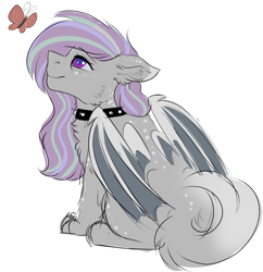 Size: 1937x2000 | Tagged: safe, artist:highrolleryt, imported from derpibooru, oc, oc only, bat pony, butterfly, cat, cat pony, original species, pony, bat pony oc, bat wings, chest fluff, choker, ear fluff, looking up, simple background, smiling, solo, spiked choker, white background, wings