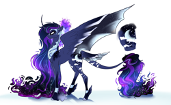 Size: 3328x2048 | Tagged: safe, artist:damayantiarts, imported from derpibooru, princess luna, alicorn, bat pony, bat pony alicorn, pony, bat wings, ethereal mane, female, horn, mare, peytral, redesign, simple background, solo, starry mane, white background, wings