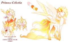 Size: 3462x2048 | Tagged: safe, artist:damayantiarts, imported from derpibooru, princess celestia, alicorn, pony, female, mane of fire, mare, redesign, reference sheet, simple background, white background