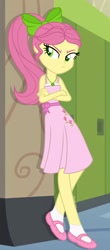 Size: 1280x2913 | Tagged: safe, artist:1alexgreen1, imported from derpibooru, human, equestria girls, bare shoulders, bow, clothes, dress, equestria girls-ified, g5, g5 to equestria girls, generation leap, hair bow, jewelry, lockers, necklace, posey bloom, sandals, sleeveless, solo