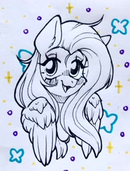 Size: 1564x2048 | Tagged: safe, artist:madkadd, imported from derpibooru, fluttershy, pegasus, pony, blushing, ear fluff, eyelashes, female, lineart, mare, smiling, solo, traditional art, wings
