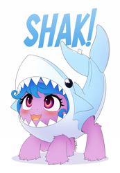 Size: 1800x2600 | Tagged: safe, artist:symbianl, imported from derpibooru, izzy moonbow, pony, unicorn, animal costume, baby shark, blushing, clothes, costume, cute, daaaaaaaaaaaw, female, filly, filly izzy moonbow, foal, g5, izzybetes, kimiko glenn, shark costume, simple background, solo, symbianl is trying to murder us, voice actor joke, white background, younger