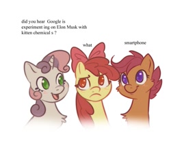 Size: 1097x936 | Tagged: safe, artist:pixel_chikki, imported from derpibooru, apple bloom, scootaloo, sweetie belle, earth pony, pegasus, pony, unicorn, chest fluff, cutie mark crusaders, dialogue, frown, google experimenting on elon musk with kitten chemicals, heart eyes, meme, ponymagnets, smiling, starry eyes, text, trio, wat, wingding eyes