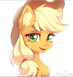 Size: 799x849 | Tagged: safe, artist:inowiseei, imported from derpibooru, applejack, earth pony, pony, applejack's hat, bust, chest fluff, cowboy hat, crying, cute, ear fluff, female, hat, jackabetes, looking at you, open mouth, open smile, simple background, smiling, solo, tears of joy, white background