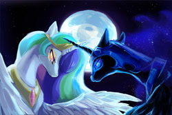Size: 809x542 | Tagged: safe, artist:maocha, imported from derpibooru, nightmare moon, princess celestia, alicorn, pony, armor, bust, crown, duo, ethereal mane, eyeshadow, female, flying, full moon, glowing, glowing eyes, jewelry, makeup, mare, moon, night, night sky, photoshop, regalia, sky, slit pupils, spread wings, starry mane, starry night, wings