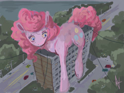 Size: 1024x768 | Tagged: safe, artist:alexandrvirus, imported from derpibooru, pinkie pie, earth pony, pony, apartment block, car, female, giant pony, macro, mare, solo, street