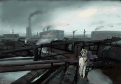Size: 1024x714 | Tagged: safe, artist:alexandrvirus, imported from derpibooru, princess celestia, alicorn, pony, factory, industrial, jewelry, pipe (plumbing), regalia, scenery, smoke, solo, wires