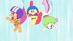 Size: 3410x1920 | Tagged: safe, imported from derpibooru, screencap, apple bloom, scootaloo, sweetie belle, earth pony, pegasus, pony, unicorn, season 1, the cutie mark chronicles, cutie mark crusaders, female, filly, foal, helmet, high res, open mouth, spread wings, trio, wings