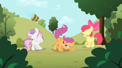 Size: 3410x1920 | Tagged: safe, imported from derpibooru, screencap, apple bloom, scootaloo, sweetie belle, earth pony, pegasus, pony, unicorn, season 1, the cutie mark chronicles, apple bloom's bow, bow, bucket, cutie mark crusaders, eyes closed, female, filly, foal, hair bow, high res, smiling, spread wings, trio, wings