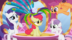 Size: 3410x1920 | Tagged: safe, imported from derpibooru, screencap, apple bloom, rarity, scootaloo, sweetie belle, earth pony, pegasus, pony, unicorn, season 2, the cutie pox, apple bloom's bow, bipedal, bow, carousel boutique, cutie mark crusaders, female, filly, flying, foal, grin, hair bow, high res, mare, open mouth, open smile, scootaloo can fly, smiling, spread wings, wings