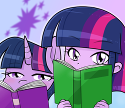 Size: 740x640 | Tagged: safe, artist:batipin, imported from derpibooru, part of a set, twilight sparkle, human, equestria girls, 2022, book, duo, female, looking at you, peering, reading, self paradox, self ponidox, that pony sure does love books
