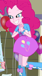 Size: 182x324 | Tagged: safe, imported from derpibooru, screencap, pinkie pie, human, equestria girls, equestria girls (movie), animated, balloon, boots, clothes, cute, diapinkes, gif, loop, ponk, shoes, skirt, smiling