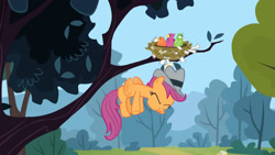 Size: 3410x1920 | Tagged: safe, imported from derpibooru, screencap, scootaloo, bird, pegasus, pony, ponyville confidential, season 2, :o, bird nest, eyes closed, female, filly, flying, foal, hat, high res, nest, open mouth, scootaloo can fly, solo, spread wings, tree branch, wings