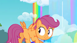 Size: 3410x1920 | Tagged: safe, imported from derpibooru, screencap, scootaloo, pegasus, pony, season 3, sleepless in ponyville, butt, female, filly, foal, high res, plot, rainbow, smiling, solo, spread wings, wings