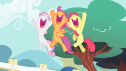 Size: 3410x1920 | Tagged: safe, imported from derpibooru, screencap, apple bloom, scootaloo, sweetie belle, earth pony, pegasus, pony, unicorn, flight to the finish, season 4, apple bloom's bow, bow, cutie mark crusaders, female, filly, foal, hair bow, high res, mawshot, nose in the air, open mouth, open smile, smiling, spread wings, trio, uvula, volumetric mouth, wings