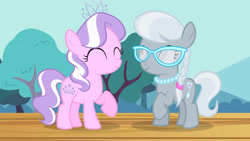 Size: 3410x1920 | Tagged: safe, imported from derpibooru, screencap, diamond tiara, silver spoon, earth pony, pony, flight to the finish, season 4, ^^, cute, diamondbetes, duo, eyes closed, female, filly, foal, high res, silverbetes, smiling