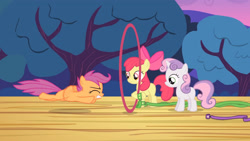 Size: 3410x1920 | Tagged: safe, imported from derpibooru, screencap, apple bloom, scootaloo, sweetie belle, earth pony, pegasus, pony, unicorn, flight to the finish, season 4, apple bloom's bow, bow, cutie mark crusaders, eyes closed, female, filly, flying, foal, hair bow, high res, scootaloo can't fly, spread wings, trio, wings