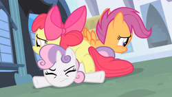Size: 3410x1920 | Tagged: safe, imported from derpibooru, screencap, apple bloom, scootaloo, sweetie belle, earth pony, pegasus, pony, unicorn, for whom the sweetie belle toils, season 4, apple bloom's bow, bow, cutie mark crusaders, eyes closed, female, filly, foal, hair bow, high res, spread wings, trio, wings