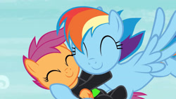 Size: 3410x1920 | Tagged: safe, imported from derpibooru, screencap, rainbow dash, scootaloo, pegasus, pony, season 8, the washouts (episode), spoiler:s08, ^^, cute, cutealoo, dashabetes, duo, eyes closed, female, filly, flying, foal, high res, hug, mare, scootalove, smiling, spread wings, wings