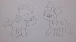 Size: 3920x2204 | Tagged: safe, artist:up_p_ab, imported from derpibooru, apple bloom, babs seed, earth pony, pony, cousins, female, filly, foal, sketch, traditional art