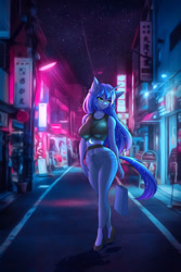 Size: 845x1267 | Tagged: safe, artist:hellcat120, imported from derpibooru, princess luna, alicorn, anthro, bag, bedroom eyes, belly button, breasts, building, busty princess luna, city, cityscape, clothes, curvy, detailed background, digital art, female, fishnet clothing, high heels, horn, horoscope, hourglass figure, jeans, jewelry, lamppost, looking at you, necklace, neon, night, pants, pose, s1 luna, sexy, shirt, shoes, shopping bag, solo, stupid sexy princess luna, tail, thighs, tokyo, wide hips