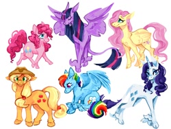 Size: 1024x768 | Tagged: safe, artist:ehyokay, imported from derpibooru, applejack, fluttershy, pinkie pie, rainbow dash, rarity, twilight sparkle, alicorn, earth pony, pegasus, pony, unicorn, the last problem, female, leonine tail, mane six, mare, older, older twilight, princess twilight 2.0, simple background, sitting, tail, twilight sparkle (alicorn), unshorn fetlocks, white background