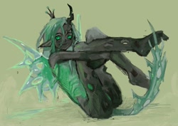 Size: 2876x2036 | Tagged: safe, artist:eyerealm, imported from derpibooru, queen chrysalis, anthro, changeling, changeling queen, ass, butt, curled up, female, horn, horned humanization, human facial structure, solo, winged humanization, wings