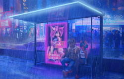 Size: 2800x1797 | Tagged: safe, artist:dogs, derpibooru exclusive, imported from derpibooru, oc, anthro, plantigrade anthro, bus stop, cellphone, collage, cyberpunk, duo focus, female, glasses, male, phone, photoshop, rain, scenery, sitting, smartphone