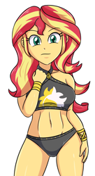 Size: 1901x3500 | Tagged: safe, artist:sumin6301, imported from derpibooru, sunset shimmer, human, equestria girls, belly button, bikini, breasts, clothes, hand on hip, looking at you, simple background, stupid sexy sunset shimmer, sunset shimmer's beach shorts swimsuit, swimsuit, white background