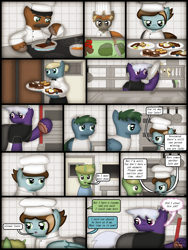 Size: 1750x2333 | Tagged: safe, artist:99999999000, imported from derpibooru, oc, oc only, oc:chen lifan, oc:firearm king, earth pony, pony, comic:journey, chef, chef's hat, clothes, comic, cook, cooking, door, egg (food), female, food, hat, kitchen, knife, male, mop, onion, pancakes, plate, tomatoes, vegetables