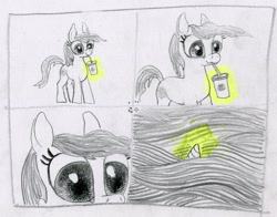 Size: 2271x1776 | Tagged: safe, artist:ja0822ck, imported from derpibooru, oc, oc only, pony, unicorn, 4 panel comic, comic, drinking, micro horn, pencil drawing, solo, traditional art