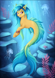 Size: 2480x3508 | Tagged: safe, artist:puggie, imported from derpibooru, oc, oc only, oc:calypso glitterfin, jellyfish, merpony, starfish, air bubble, blue mane, bubble, dorsal fin, female, fins, fish tail, flowing tail, high res, lidded eyes, looking at you, mermay, ocean, purple eyes, rock, sharp teeth, smiling, smiling at you, solo, tail, teeth, underwater, water