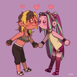 Size: 2048x2048 | Tagged: safe, artist:zie, imported from derpibooru, aria blaze, oc, oc:high gear, earth pony, human, equestria girls, armband, canon x oc, cheek kiss, clothes, disguise, disguised siren, equestria girls-ified, female, kissing, lesbian, pigtails, purple background, shipping, simple background, smiling, socks, sunglasses, tanktop, thigh highs, twintails