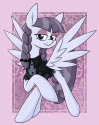 Size: 1708x2160 | Tagged: safe, artist:moonatik, imported from derpibooru, inky rose, pegasus, pony, abstract background, braid, clothes, eyeshadow, female, goth, makeup, mare, raised hoof, shirt, solo, spread wings, wings