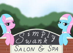 Size: 2048x1506 | Tagged: safe, artist:dyonys, imported from derpibooru, aloe, lotus blossom, earth pony, pony, accidental innuendo, bedroom eyes, choker, female, implied masturbation, mare, pun, spa, spa twins, text