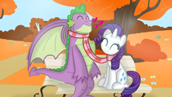 Size: 1280x720 | Tagged: safe, artist:mlplary6, imported from derpibooru, rarity, spike, dragon, pony, unicorn, ^^, autumn, bench, clothes, eyes closed, female, gigachad spike, heart, male, mare, older, older spike, scarf, shared clothing, shared scarf, shipping, smiling, sparity, straight, striped scarf, tree