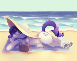 Size: 4145x3322 | Tagged: safe, artist:megatronsthiccthighs, imported from derpibooru, rarity, pony, unicorn, beach, butt, coconut cup, eyes closed, female, hat, high res, lineless, lying down, mare, ocean, outdoors, plot, prone, shading, solo, sun hat, sunglasses, tail, underhoof, water