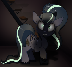 Size: 2435x2265 | Tagged: safe, artist:luxsimx, imported from derpibooru, oc, oc only, oc:arkessa, pegasus, pony, fangs, lip piercing, pegasus oc, piercing, scared, shadow, snake bites