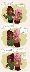 Size: 812x1920 | Tagged: safe, artist:mlp-hearts, imported from derpibooru, fluttershy, tree hugger, human, clothes, dark skin, dialogue, duo, female, flutterhugger, humanized, lesbian, midriff, shipping, shirt