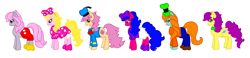 Size: 1323x306 | Tagged: safe, artist:mattiedrawsponies, imported from derpibooru, bon bon (g1), bright eyes, clover (g1), melody, patch (g1), starlight (g1), earth pony, pony, my little pony tales, bondog (g1), bow, bowtie, bright eyedorable, clothes, cloverbetes, collar, costume, crossover, cute, daisy duck, disney, donald duck, female, g1, g1 adorabon, g1 to g4, g4, generation leap, goofy (disney), hair bow, hat, mare, melobetes, mickey mouse, minnie mouse, pants, patchabetes, pink shoes, pluto (disney), sailor hat, shoes, short pants, simple background, skirt, stawwlight, white background